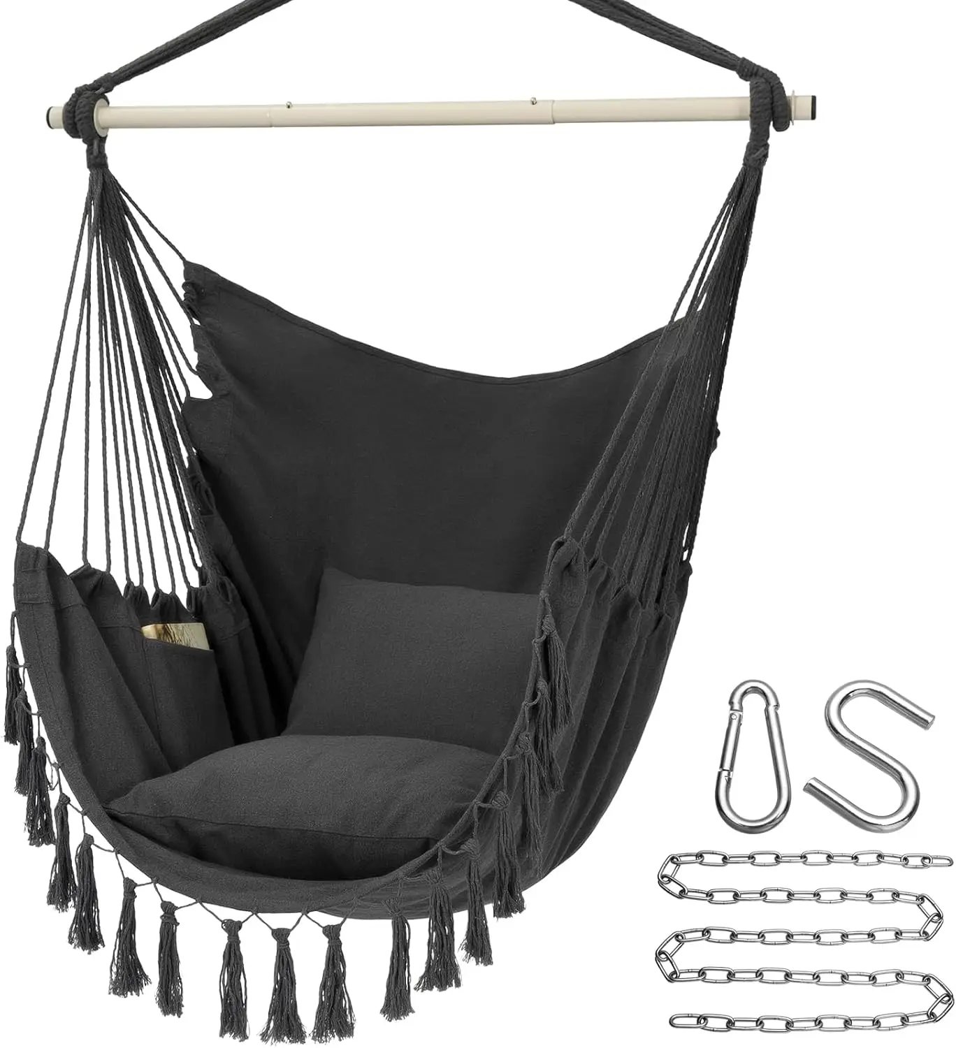 Large hanging chair, pure cotton woven rope, maximum weight capacity 500 lbs, includes 2 backrests, side pockets, dark gray.