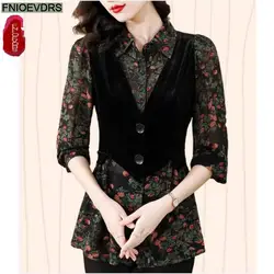 L-5XL Loose Clothes 2023 Women Autumn Elegant Ruffles Basic Shirts Retro Patchwork Black Floral Tunic Peplum Tops And Blouses