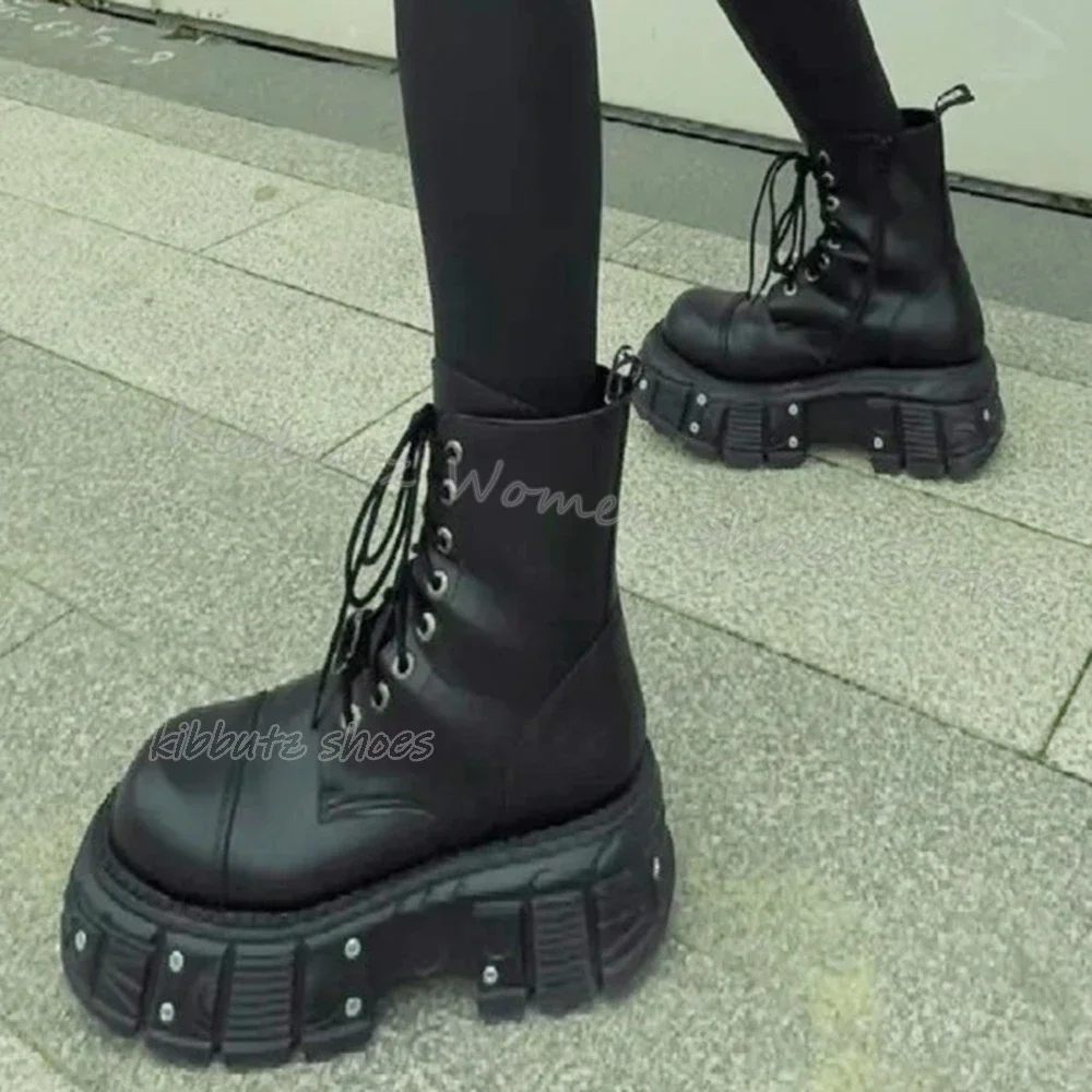 

Punk Ankle Boots Rock Gothic Genuine Leather Fashion Elegant Concise Luxury Lace-Up Solid Color Shoes Round Toe Thick Bottom New