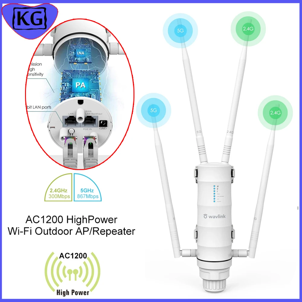 WAVLINK AC600 1200Mbps High Power Outdoor Router Dual Band Weatherproof Long Range Mesh Wifi Technology 4 Directional Antennas