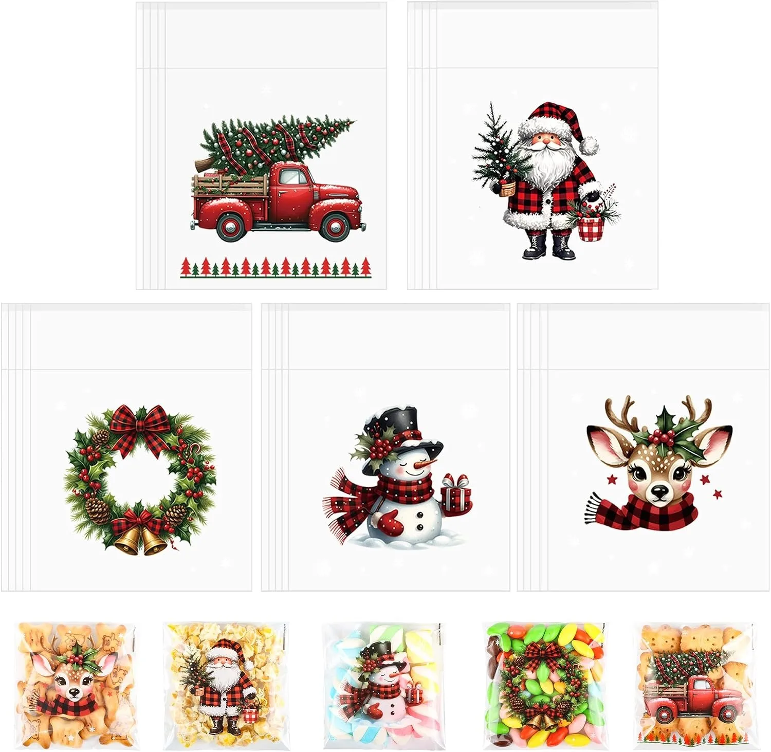 50/100pcs Christmas Gift Wrapping Bags with Snowflake, Santa Claus, Reindeer, and Holly Print Self-Adhesive Packaging Bags