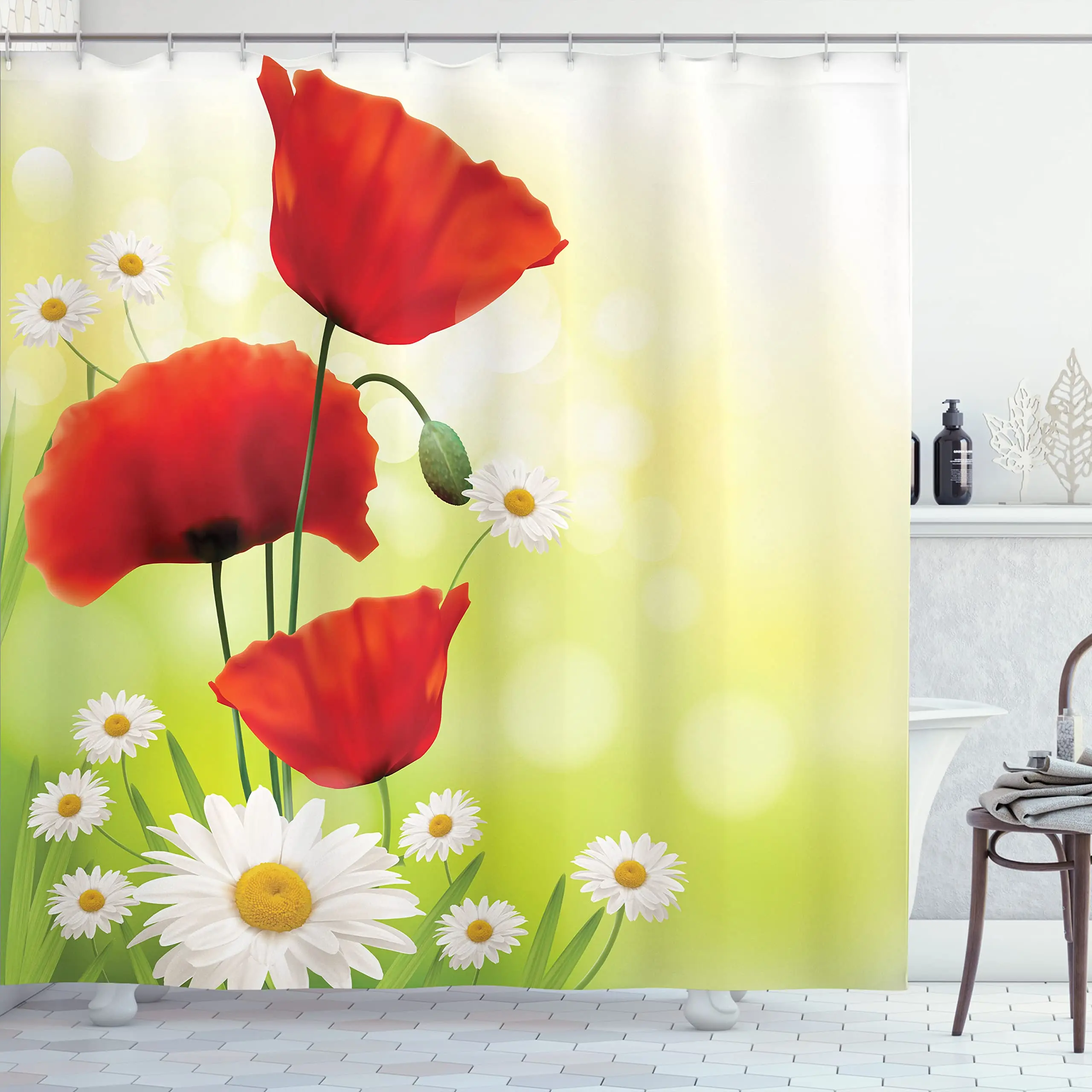 Poppy Shower Curtain Red Floral Bathroom Curtain with Hooks Rustic Flowers Botanical Farmhouse Plant Wildflower Bath Curtain
