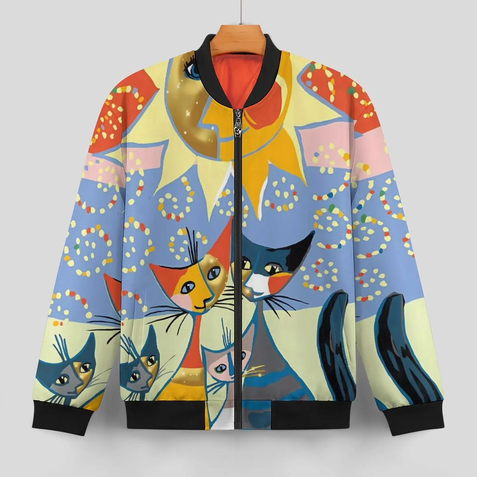 Abstract Sun And Cat Jackets Animal Print Zipper Winter Coats Male Street Wear Casual Jacket Classic Oversized Windbreakers