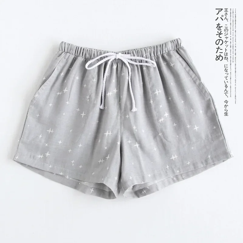 Couple pajamas summer cotton gauze shorts Japanese style simple elastic waist casual large size lattice men and women home pants