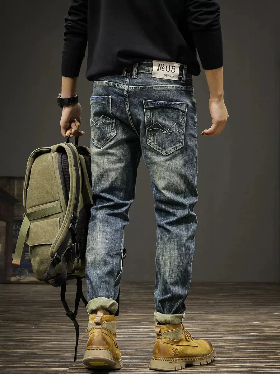 Vintage Fashion Men Jeans Retro Blue Stretch Slim Fit Ripped Jeans Men Classical Trousers Elastic Casual Designer Pants Hombre