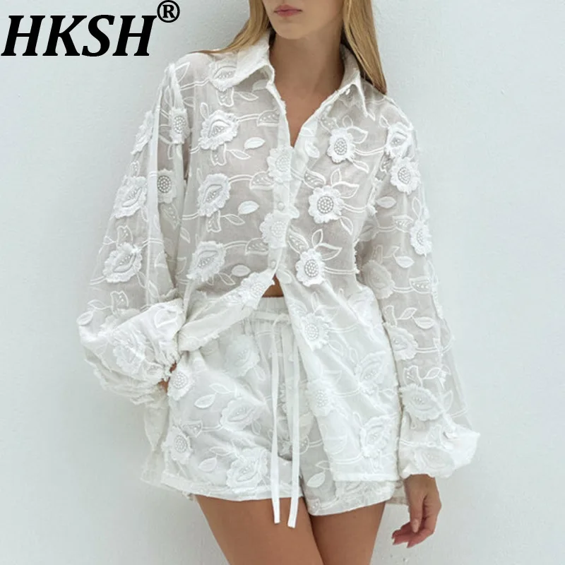 

HKSH 2026 Spring Summer New Women Sexy Set Embroidery Puff Sleeve Single Breasted Sheer Shirt Elastic Waisted Shorts Ins HK17420