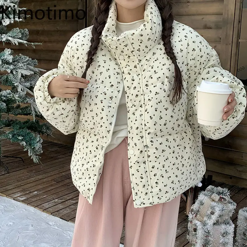 

Kimotimo Korean Style Floral Print Parkas Coats Women 2025 Winter Loose Stand Collar Zipper Quilted Jackets Sweet Casual Tops