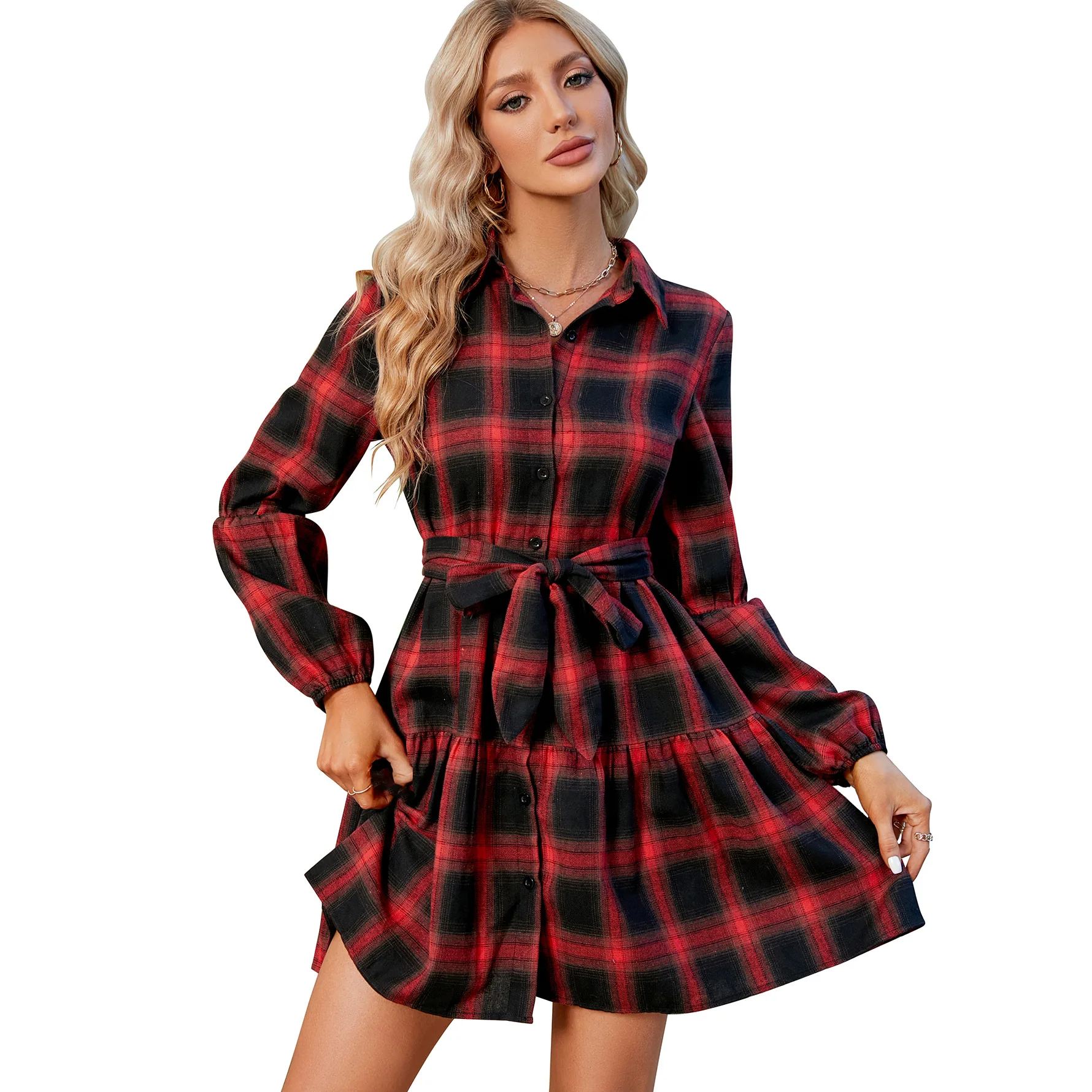 

Women's Plaid Dress Babydoll Christmas Belted Cocktail Dresses