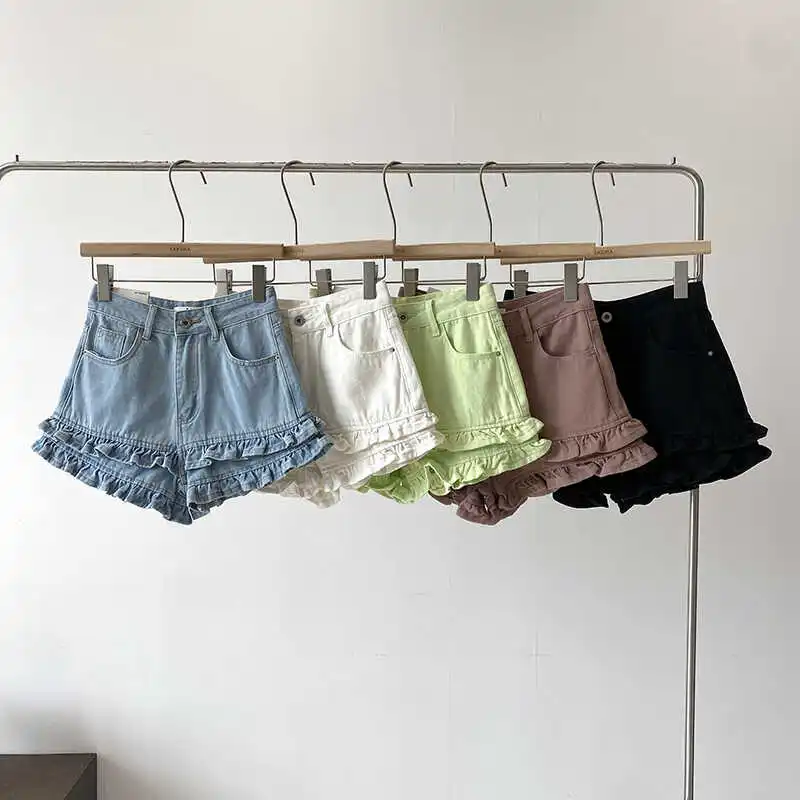 Summer 2026 Women's High Waist A-Line Wide Leg Blue Denim Shorts Sweet Style Pleated Slimming Outerwear Casual Comfortable Jeans