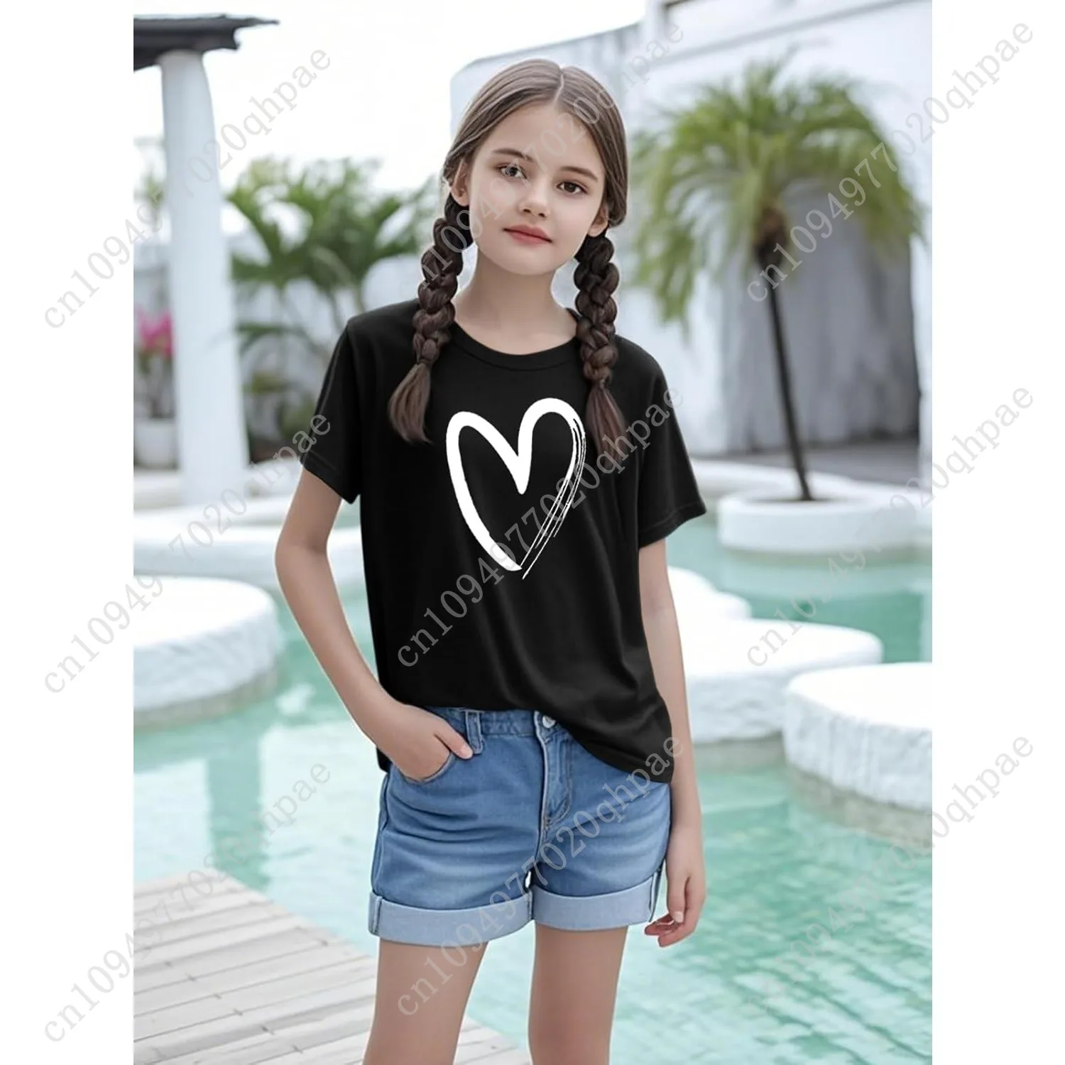 تي شيرت بناتي بأكمام قصيرة تي شيرت صيفي للأطفال برقبة دائرية تي شيرت برسومات أساسية من 5 إلى 14 سنة #2