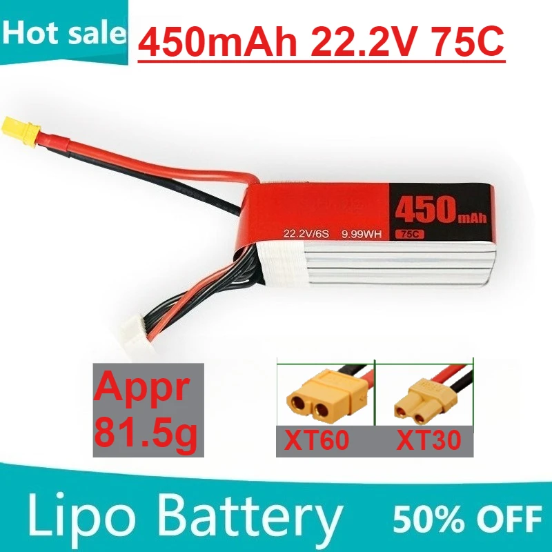 

Аккумуляторная батарея для радиоуправляемого вертолета, квадрокоптера, гоночного дрона FPV, 450 мАч, 6S, 22,2 В, 75C, LiPo батарея, вилка XT30/XT60