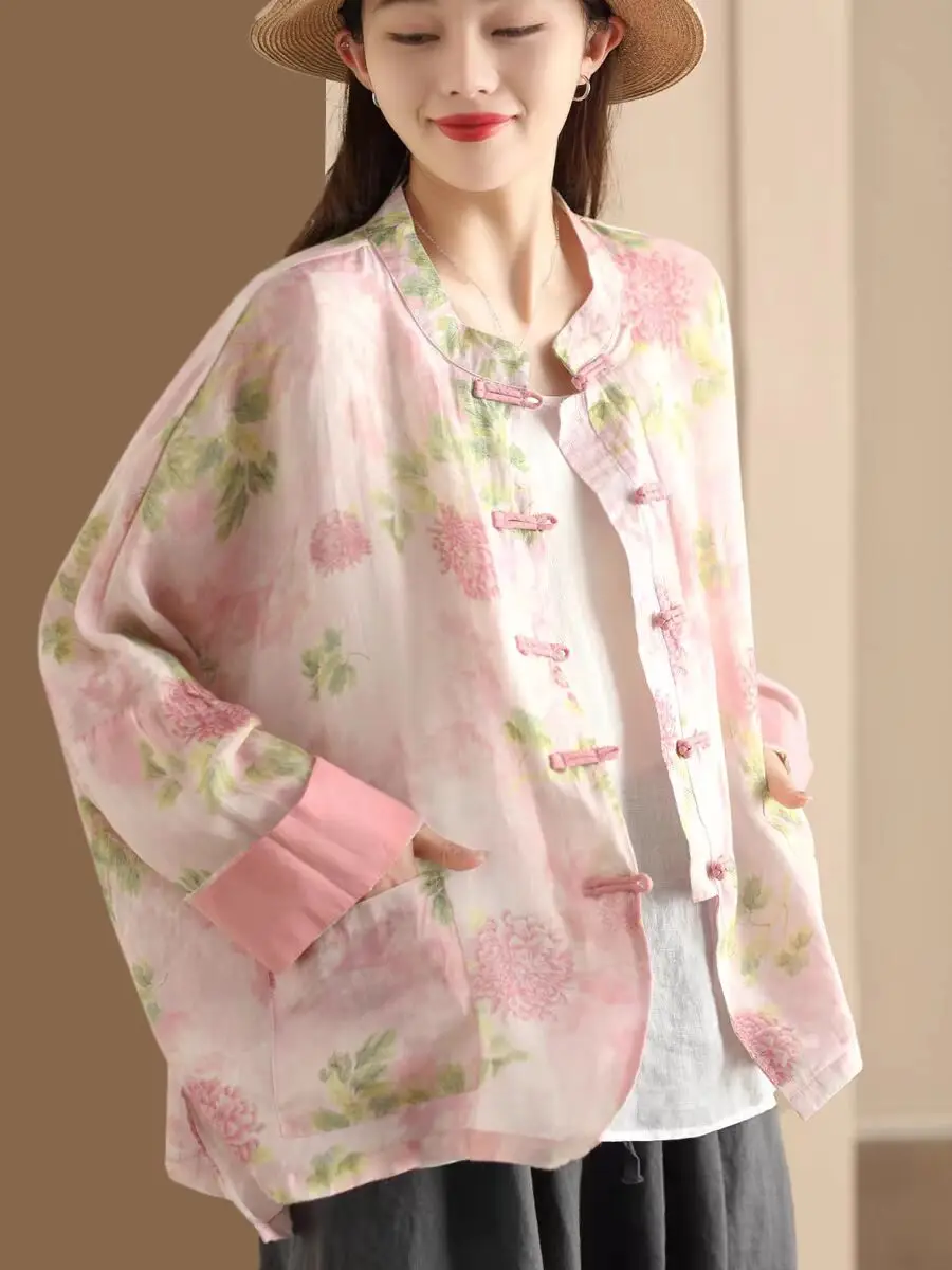 

Новый китайский Sle с цветочным принтом irt Retro National Sle Button up Long Sve воротник-стойка Защита от солнца Розовый цветок Тонкий ...