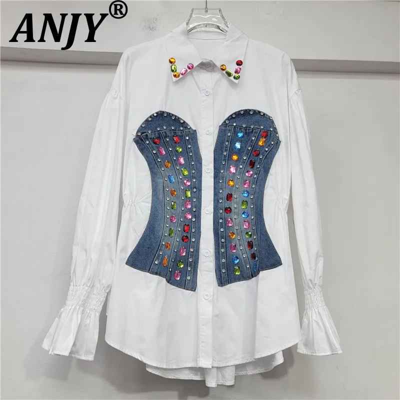 

ANJY 2026 Spring New Women European Trend Elegant Long Sleeve Patchwork Denim Waist Cinch Shirt Versatile Color Block Top A18485