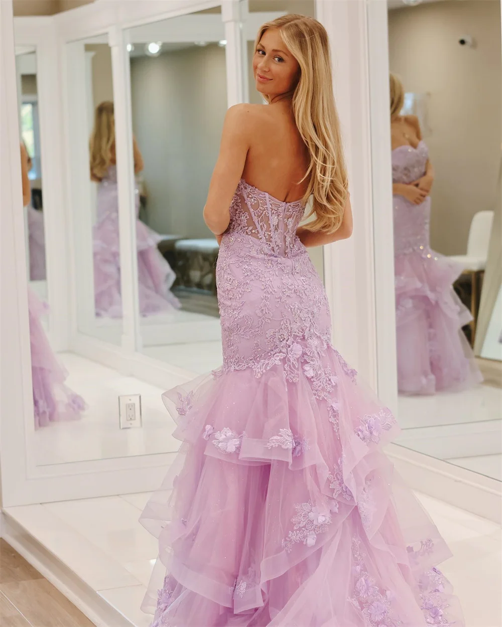 Sansa Sweet Strapless Mermaid Prom Dress Princess Lavender Lace Embroid Vestidos De Noche Edge Curl Fishtail فساتين سهره فاخره