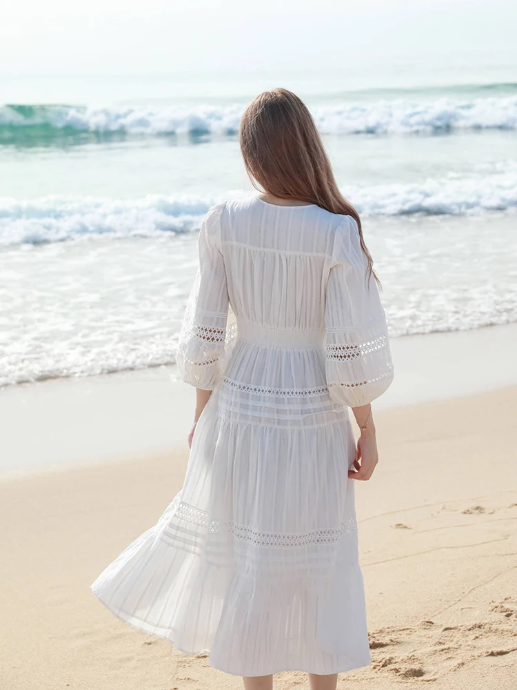 Imagem -06 - Gypsylady-vestido Midi de Algodão em Camadas para Mulheres Elegante Vestido Francês Branco Elegante Outono Férias de Primavera Novo