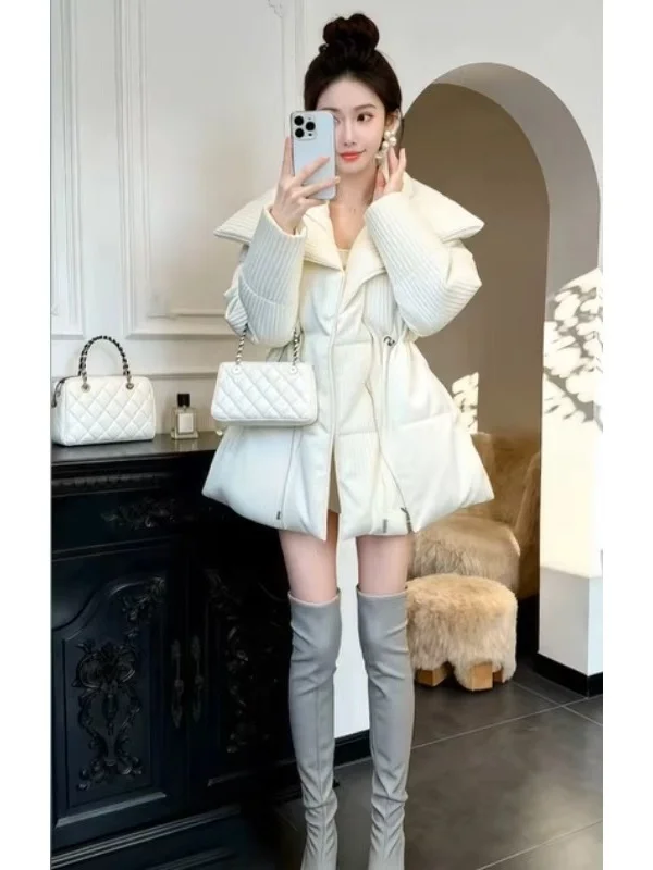 

Thiened White Cotton Jaet Korean Sle ort Coat Winter Clothes Inteated Design Pure Color Long Sve Stand Collar