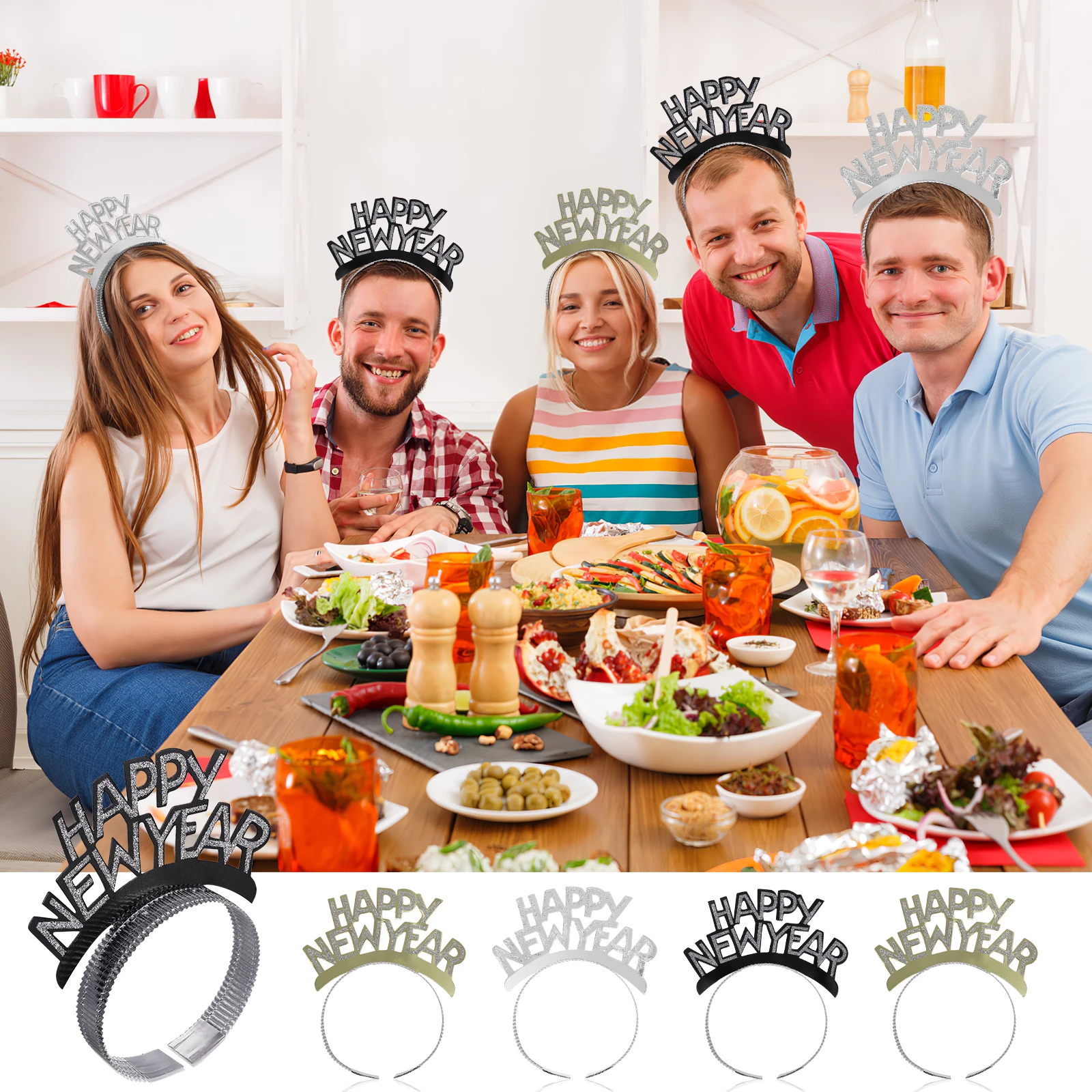 

12Pcs New Year Headband Aluminum Foil Hairhoop Sparkling Gold Powder Happy New Year Party Accessory Hair Hoops