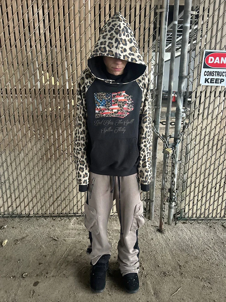 American street retro Leopard color matching design hooded sweater unisex fashion ins style printed pattern pullover.