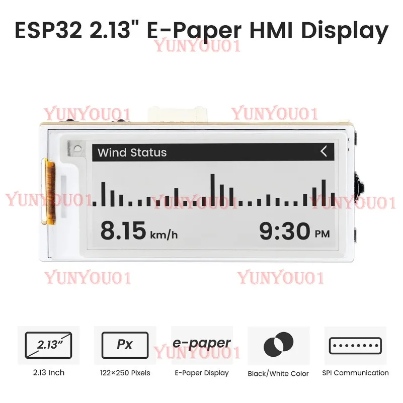 

CrowPanel 2.13 Inch E-paper E-ink 122*250 ESP32-S3 HMI Display Black/White Driven By SPI Interface for Arduino /ESP/MicroPython