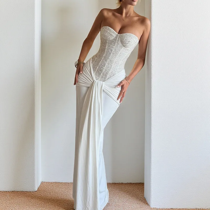 Women High Waist Birthday Dresses Sexy Tube Top Sequins Spliced Pleated Evening Dress Summer Glitter Slim Wrap Hips Party Dress