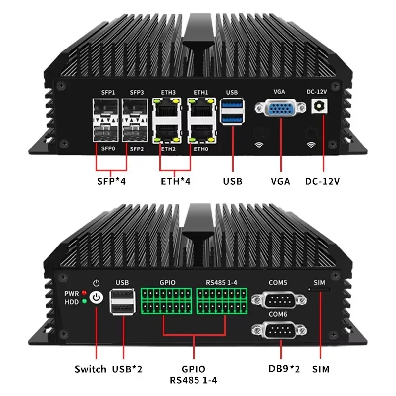 4x10G SFP + 4xi226-V 2.5G LAN Solid Fanless Firewall Intel Atom C3758 8 Core Home Server Router morbido Mini PC GPIO 6 * COM AES-NI