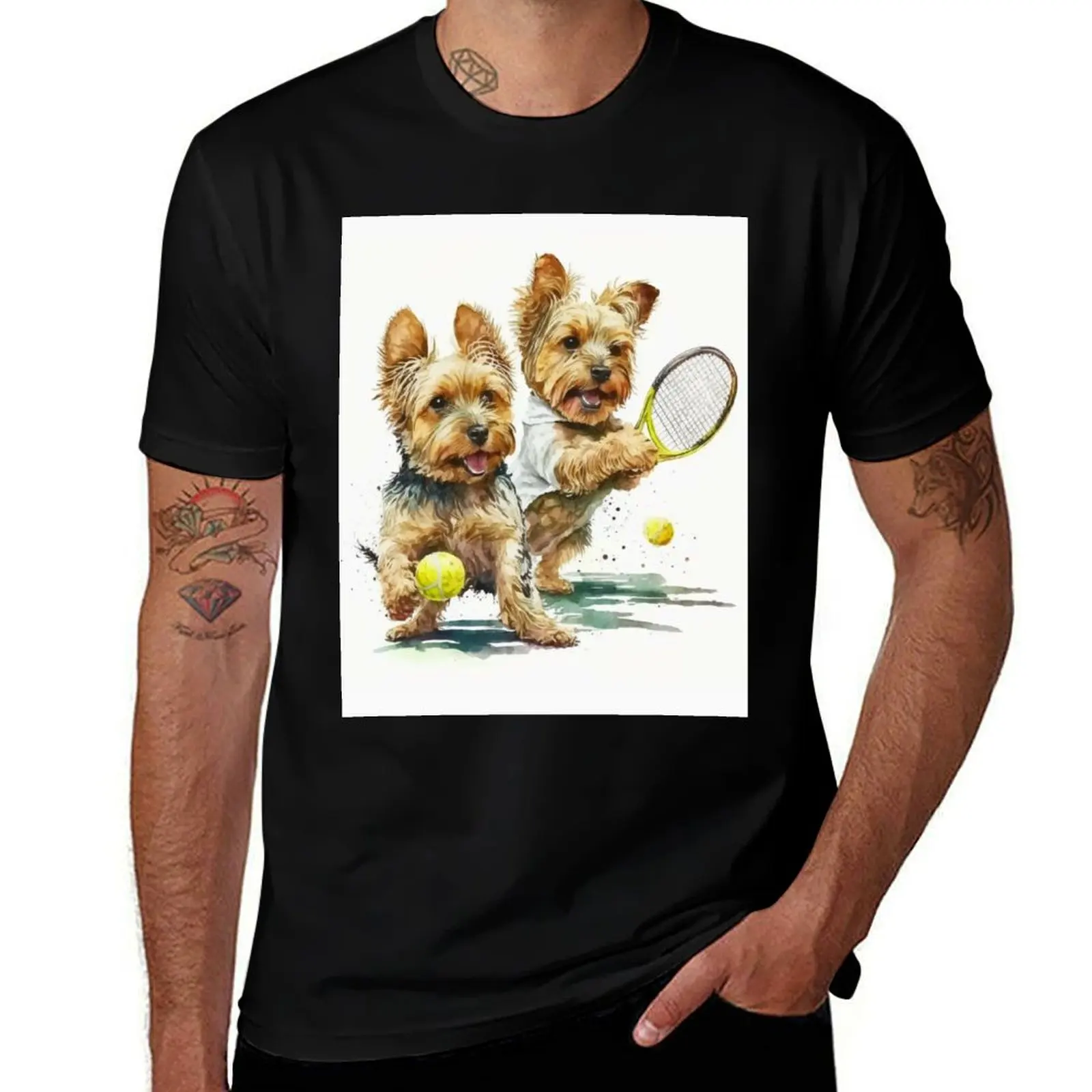 Yorkshire Terrier Dogs Playing Tennis in Wagging Wonders T-Shirt Summer Casual Loose T-Shirt