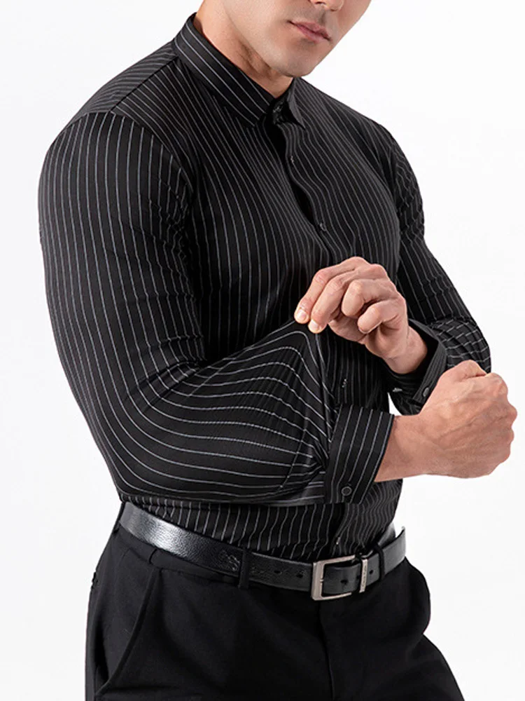 Retro Striped Wrinkle Free Stretch Dress Shirts Men 2026 Fashion Collared Long Sleeve Formal Office Business Casual Shirts Man - view 5