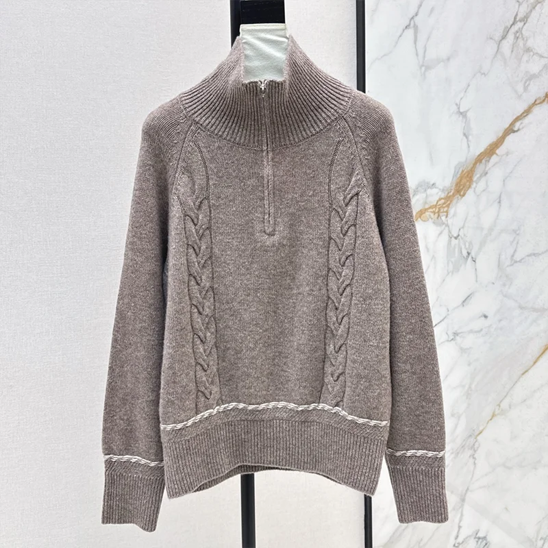 

Высококачественный женский разноцветный полосатый вязаный свитер с воротником-стойкой на полумолнии для женщин, пуловер 251107101