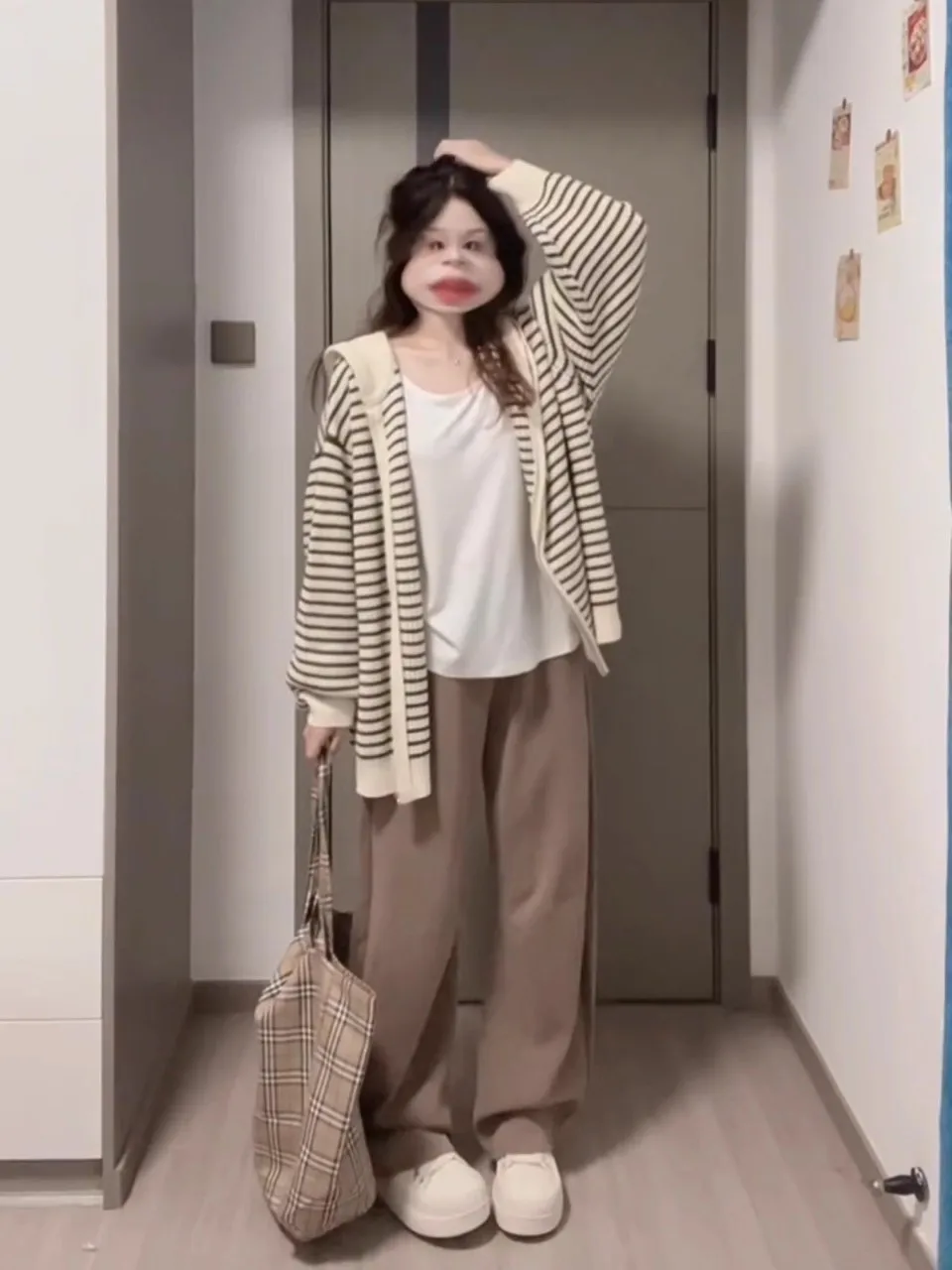 سترة نسائية كاجوال طويلة بغطاء للرأس مخططة ومفتوحة بسحاب Jaet فضفاضة على شكل كرة كورية #2