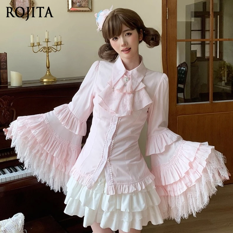 

Готический стиль, приталенная рубашка в стиле Лолиты, винтажный топ с кружевными рукавами, весна-осень, внутренняя одежда в стиле Лолиты, женская рубашка, многослойные кружевные топы