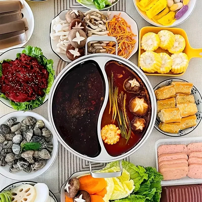 304 Stainless Steel Twin Divided Hot Pot Chinese 32/34cm Soup Hotpots Double-flavor Thicken Cooking Pot Induction Cooker