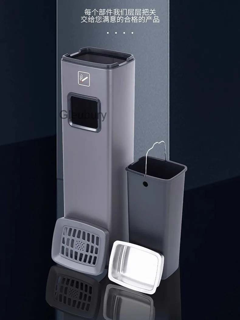 Commercial smoking area ashtray and trash can, outdoor, high-end hotel lobby, elevator entrance, vertical stainless steel smoke