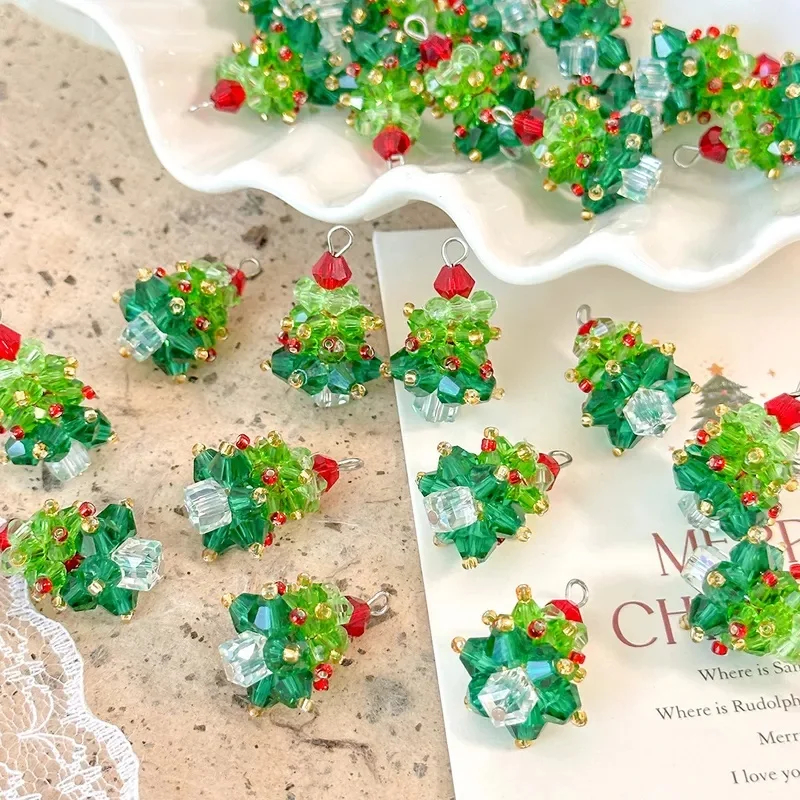 6PCS/SET Winter Christmas Tree Charms Beaded Crystal Glass Handmade Woven for Earrings and Necklace Diy Making Jewelry Gifts