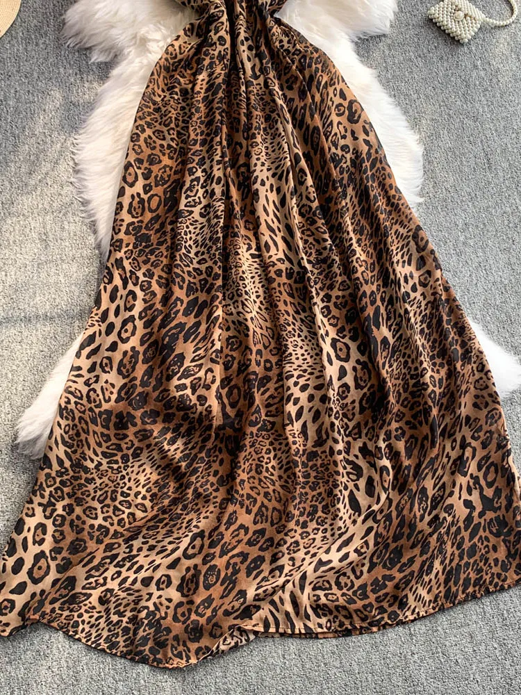Szykowna moda Leopard Print Suspender Dress Women Slim Long Dress Boho Beach Party 2025 Summer