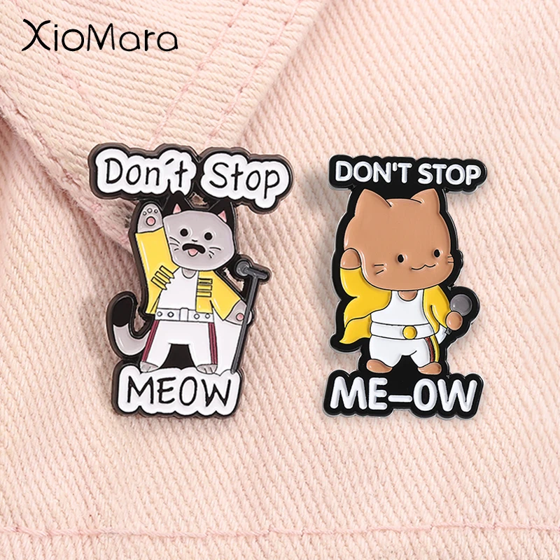 Don't Stop Meow Enamel Pin Freddie Lead Vocals Singer Cartoon Cat Brooches Lapel Backpack Badge Jewelry Gifts for Fans Friends