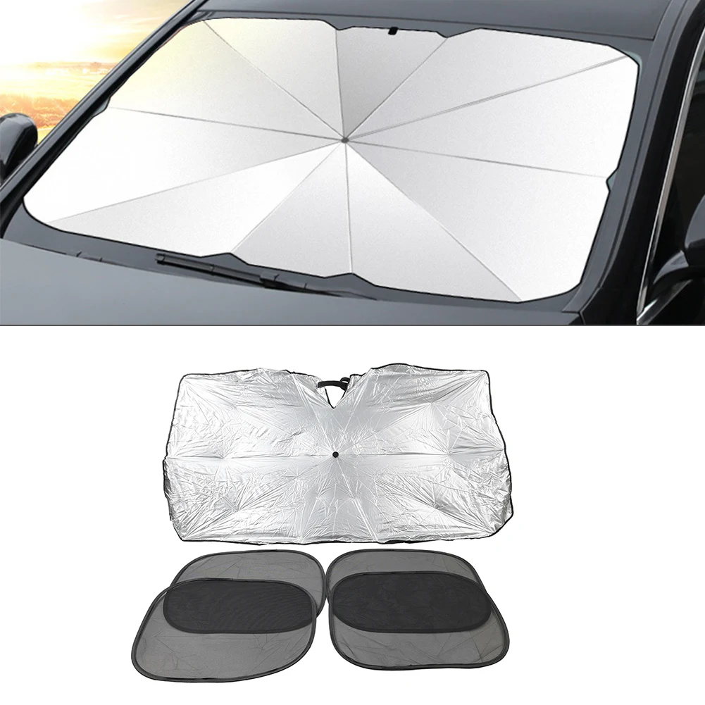 Front Window Cover Visor Umbrella Foldable Umbrella Car Windshield Sun Shade 5 Pcs Cloth with Titanium Silver Coating