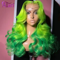 Ombre Green Body Wave Human Hair Wigs 613 Colored Mint Green Straight Lace Frontal Wig Transparent 30 inch Light Green Pre Pluck