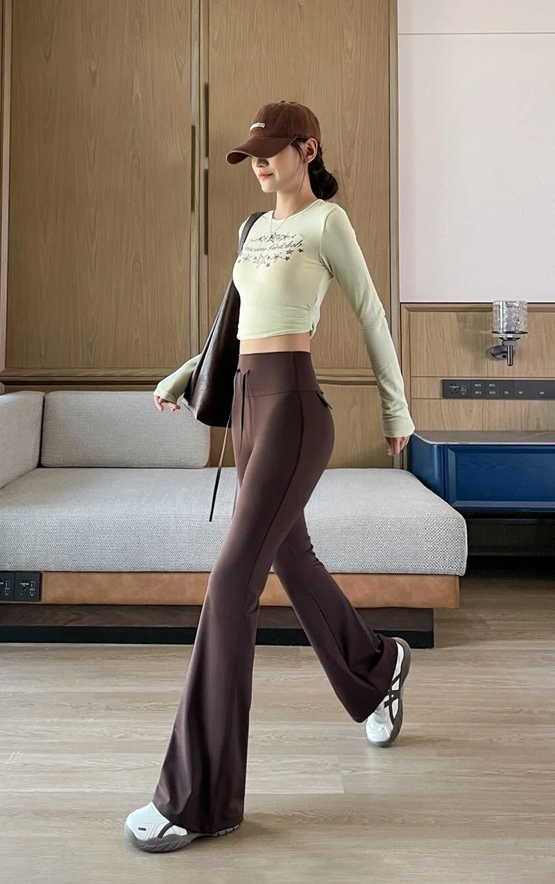 BIVIGAOS Autumn New Drawstring High Waist Micro Flared Leggings Women Slim Fit Elastic Fashionable Casual Sports Flared Pants