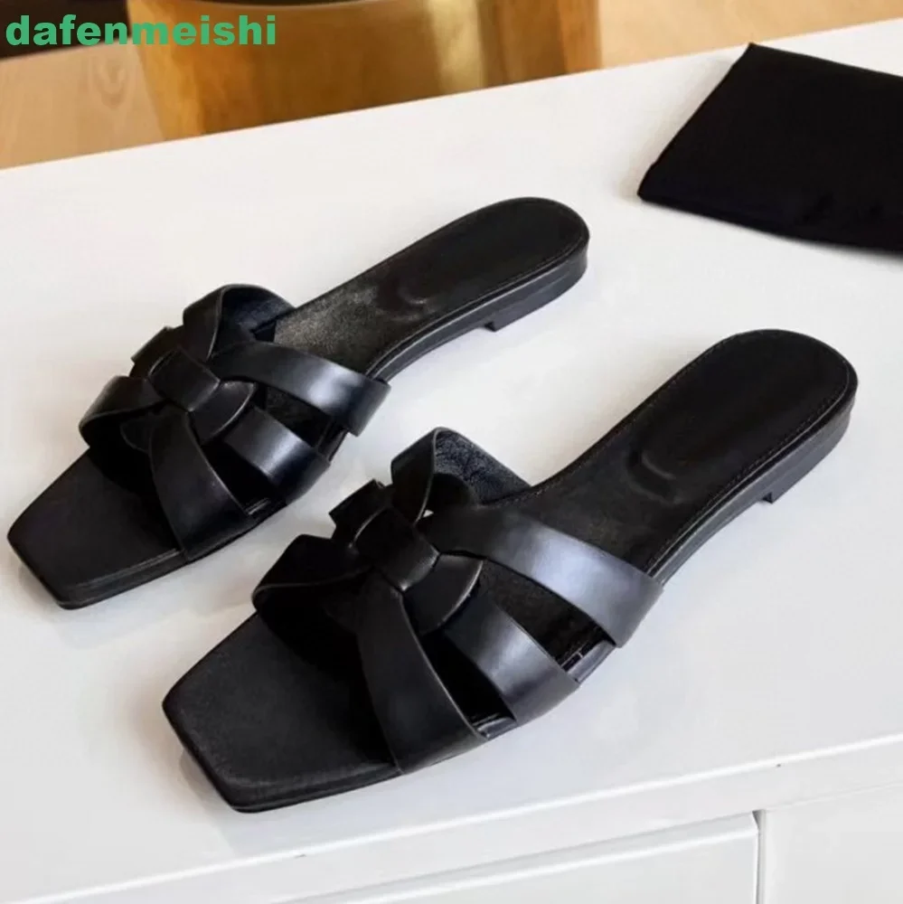 

Cross Genuine Leather Women Slippers Square Toe Slip On Open Toe Flat Sandals Patent Leather Fashion 2025 Summer Sandal Slides