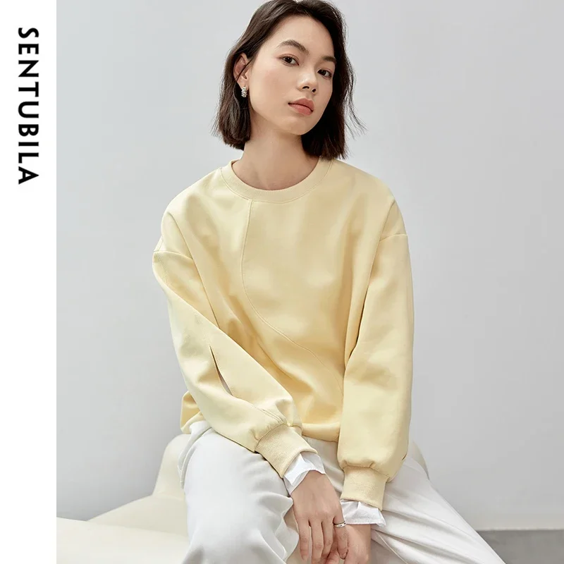 SENTUBILA Casual Cotton Sweatshirt for Women 2024 Autumn Fashion Patchwork Cuffs O Neck Long Sleeve Pullovers Ladies 143A57365X