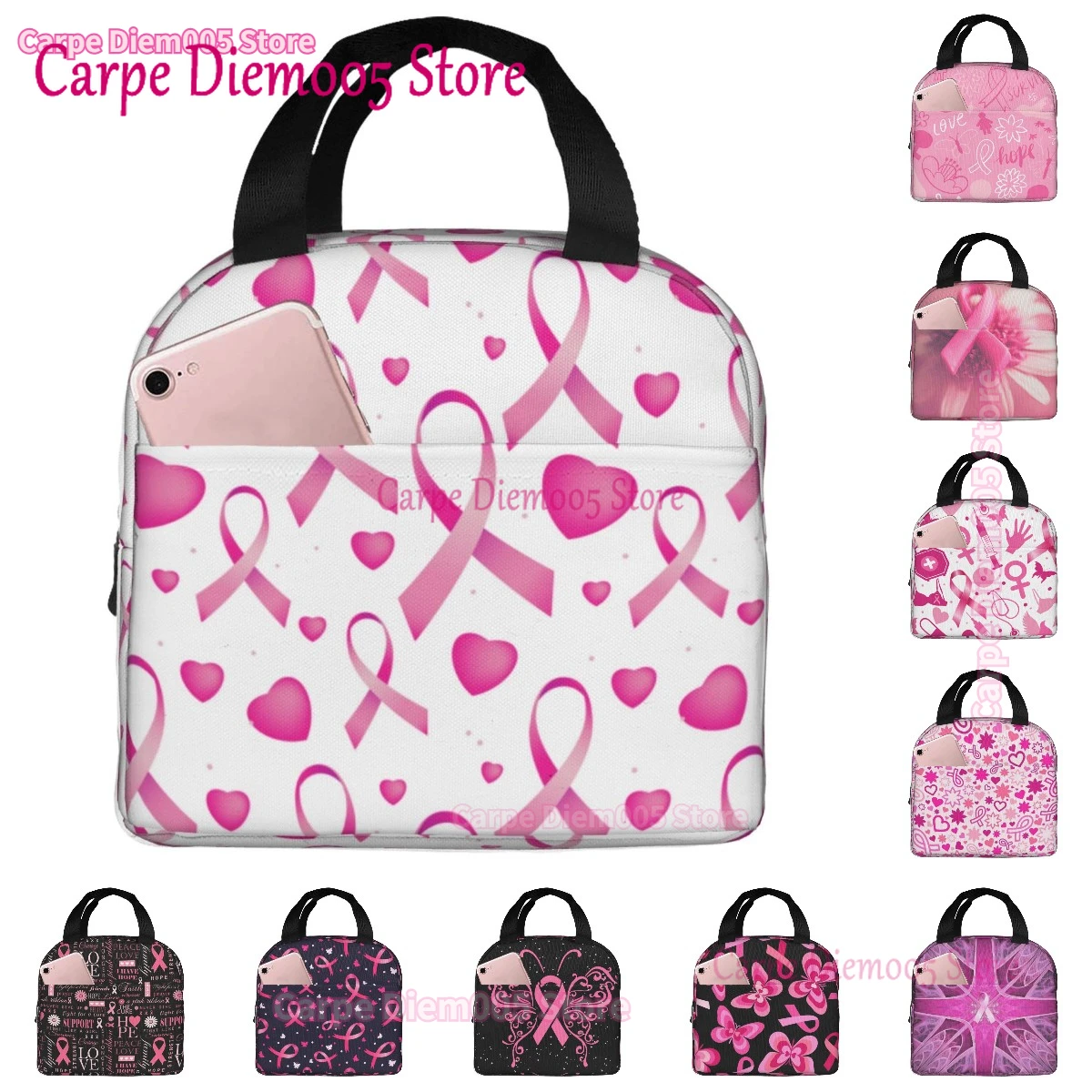 

Pink Ribbon Support Breast Cancer Pattern Repeat For Portable Insulated Lunch Bag