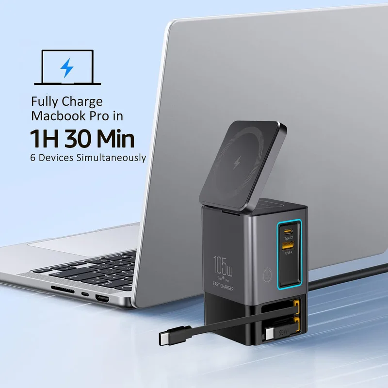 105W Dual Retractable Cable Desktop Charger, 2-in-1 Magnetic Wireless Charger USB-C Blind Plug 65W LED Multi-Port Fast Charging