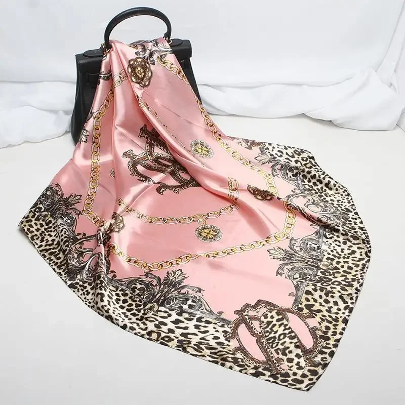 Faux Silk Scarf Female Russian Leopard Print Shawl Kerchief Cashew Square Hijab 90*90cm