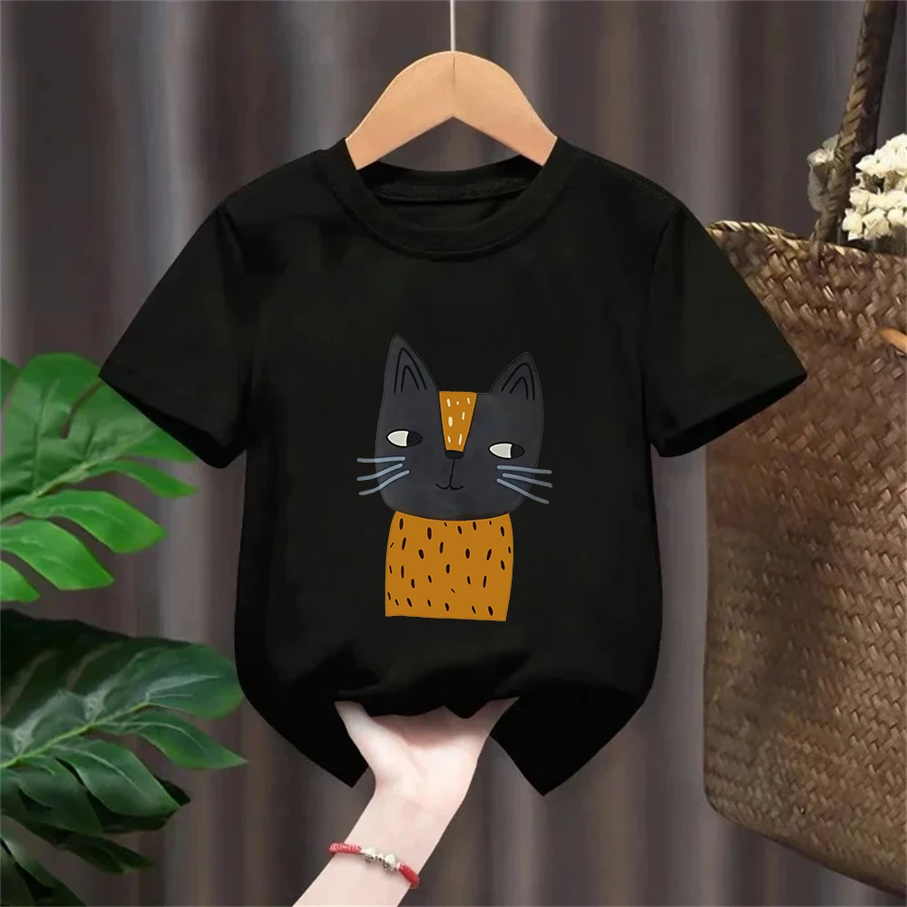 Summer New Chic Hand-Painted Cat Printing T-shirt Kids Fashion Pure 100%Cotton Short Sleeve Basic Tees Casual Boys/Girls Tops
