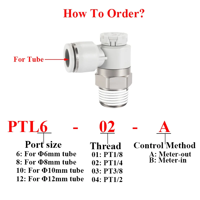 AirTAC 5Pcs PTL 6 8 10 12mm Tube M5 PT1/8 1/4 3/8 1/2 Meter-In/Out Speed Controllers Pushlock Air Pneumatic Connector Fitting