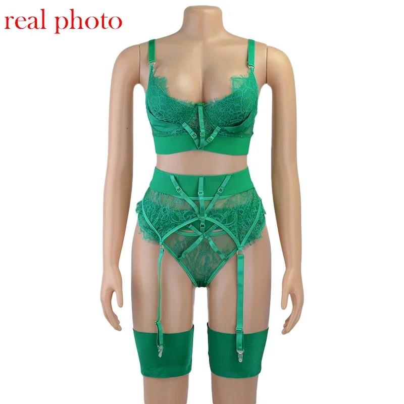 Sexy Bra Green Lingerie For Woman Erotic Underwear Set Lace Bandage Bralette Set Sexy Push up Lenceria 3 Piece Set