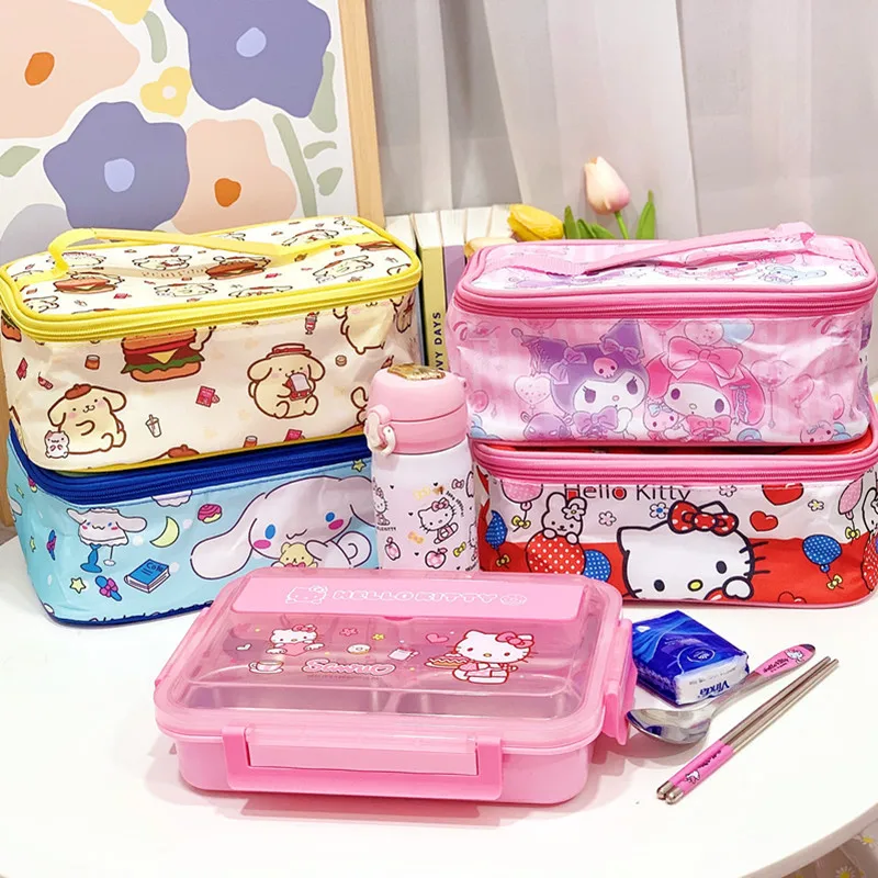 Kawaii Sanrio Lunch Bag Anime Cinnamoroll Kuromi My Melody Lunch Bag Cute Picnic Thermal Breakfast Box Girl Convenient Lunch Box