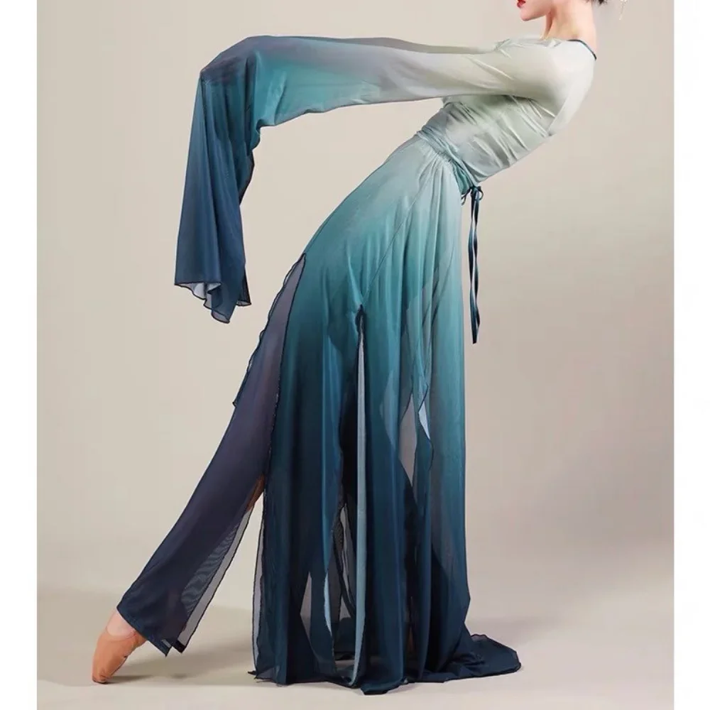 Classical Dance Body Rhyme Gauze Dress Elegant Fairy Top Split Skirt Chinese Ancient Folk Dance Performance Stage Clothes