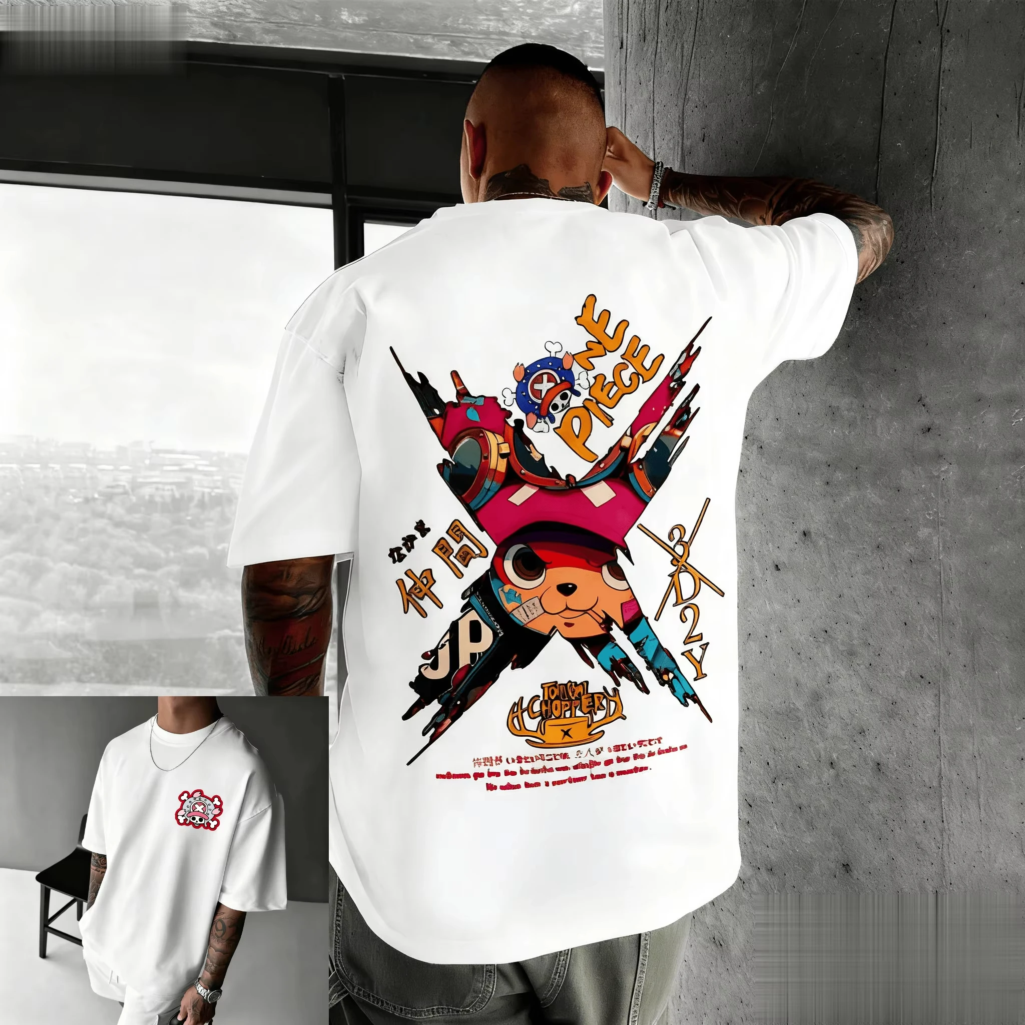 Maglietta sportiva casual oversize in cotone di alta qualità One Piece Chopper Cappello rosa Armi incrociate Stampa posteriore Design anime