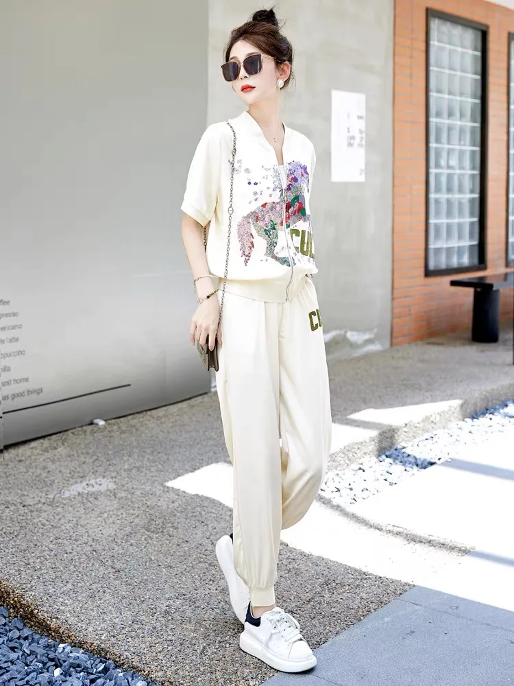 Short Sleeve Cardigan Coat and Wide Leg Pants Suit for Women Casual Sports Outfit Fashion Printing Pattern Summer 2 Piece Set